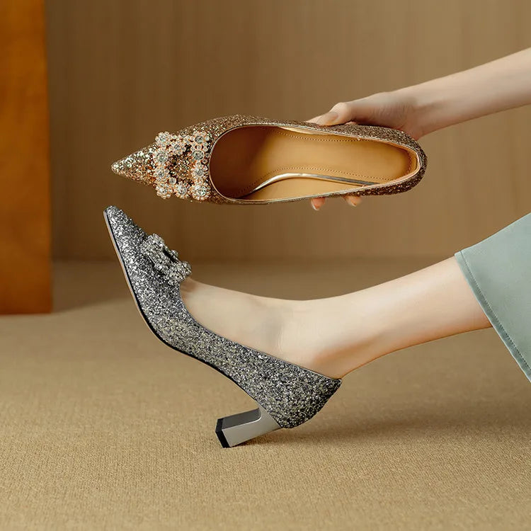 Stella™ | Women's Glitter Block Heel Pumps Pointed Toe Crystal Buckle