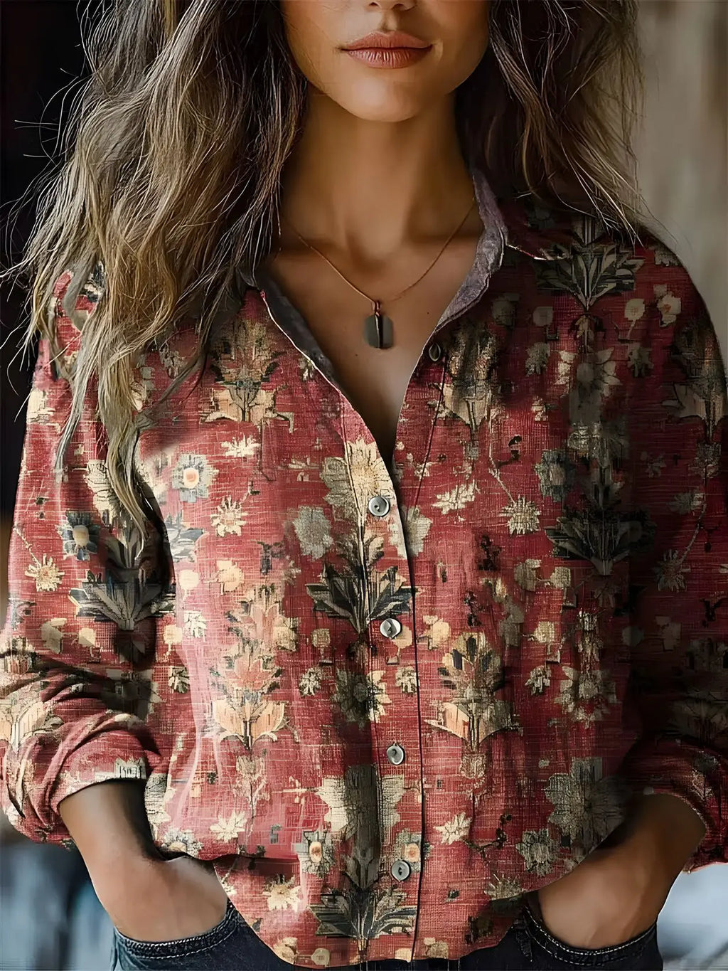 Autumn™ | Women's Vintage Floral Print Long Sleeve Button-Down Shirt