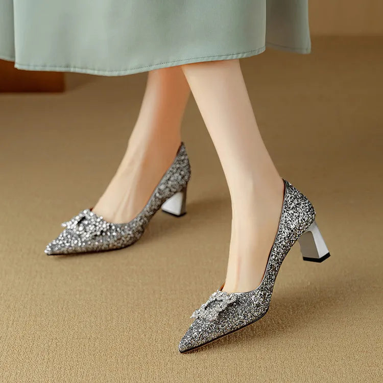 Stella™ | Women's Glitter Block Heel Pumps Pointed Toe Crystal Buckle