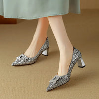 Stella™ | Women's Glitter Block Heel Pumps Pointed Toe Crystal Buckle