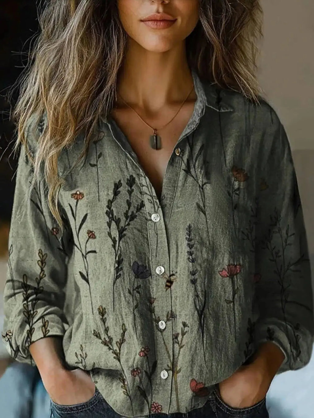 Autumn™ | Women's Vintage Floral Print Long Sleeve Button-Down Shirt