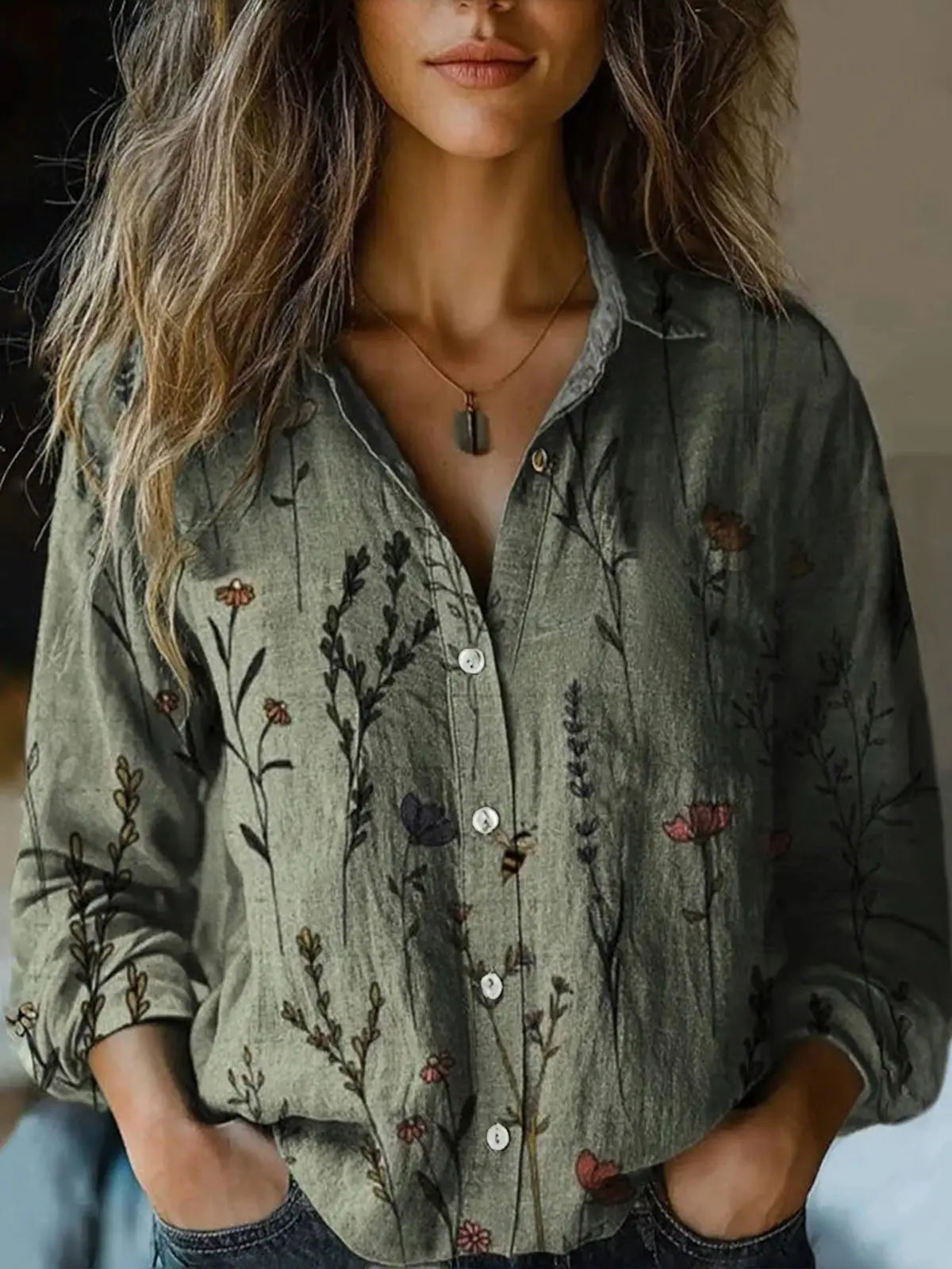 Autumn™ | Women's Vintage Floral Print Long Sleeve Button-Down Shirt