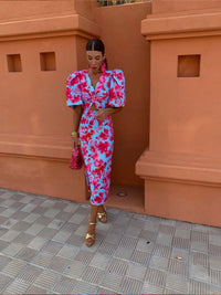 Rose™ | Women’s Summer Printed Puff Sleeve Midi Dress