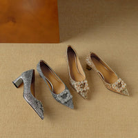 Stella™ | Women's Glitter Block Heel Pumps Pointed Toe Crystal Buckle