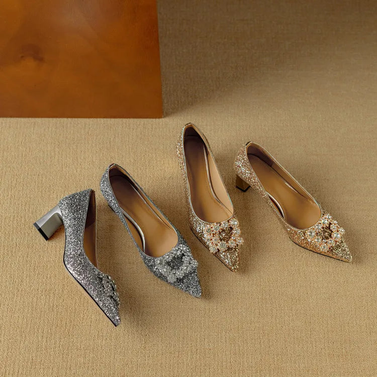 Stella™ | Women's Glitter Block Heel Pumps Pointed Toe Crystal Buckle