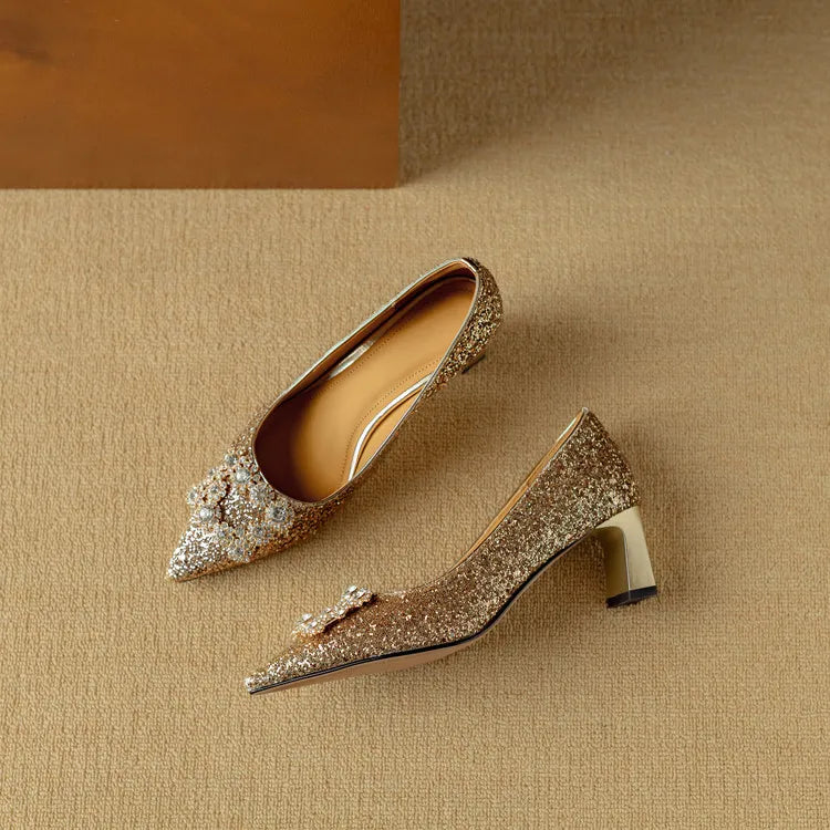 Stella™ | Women's Glitter Block Heel Pumps Pointed Toe Crystal Buckle