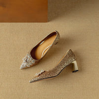 Stella™ | Women's Glitter Block Heel Pumps Pointed Toe Crystal Buckle