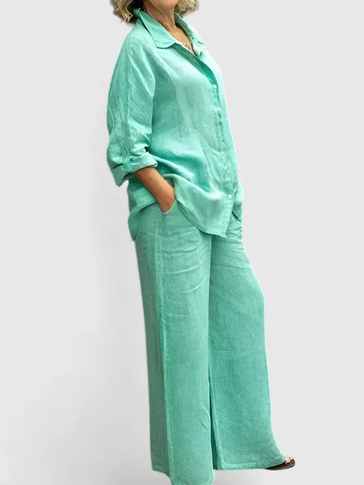 Roslyn™ | Women's Button-Down Shirt Set Wide Leg Pants Two-Piece