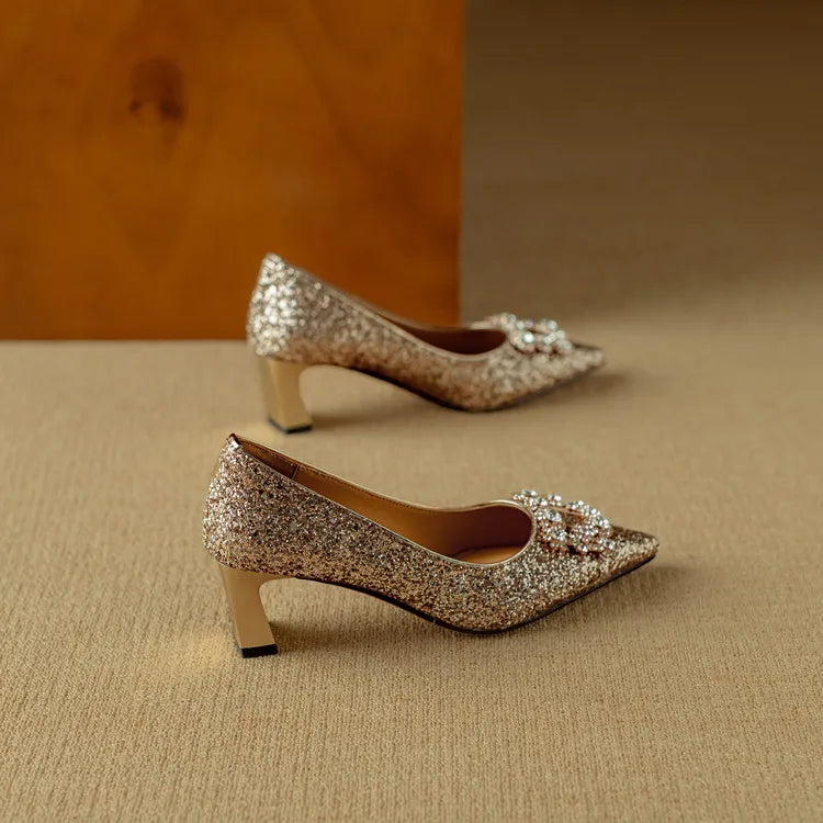 Stella™ | Women's Glitter Block Heel Pumps Pointed Toe Crystal Buckle