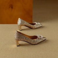 Stella™ | Women's Glitter Block Heel Pumps Pointed Toe Crystal Buckle