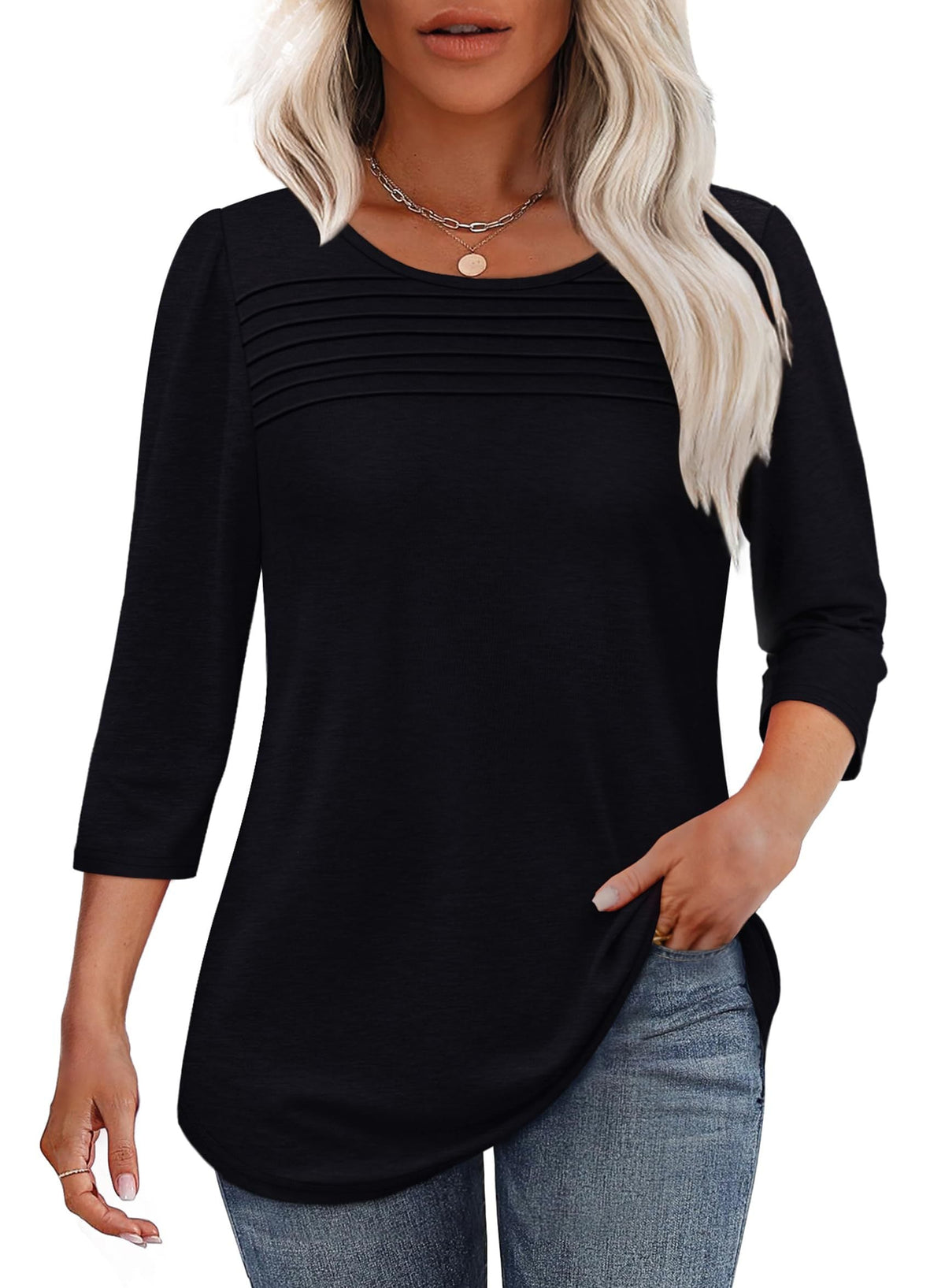 Lena™ | Women's Crew Neck 3/4 Sleeve Pleated Chest Top