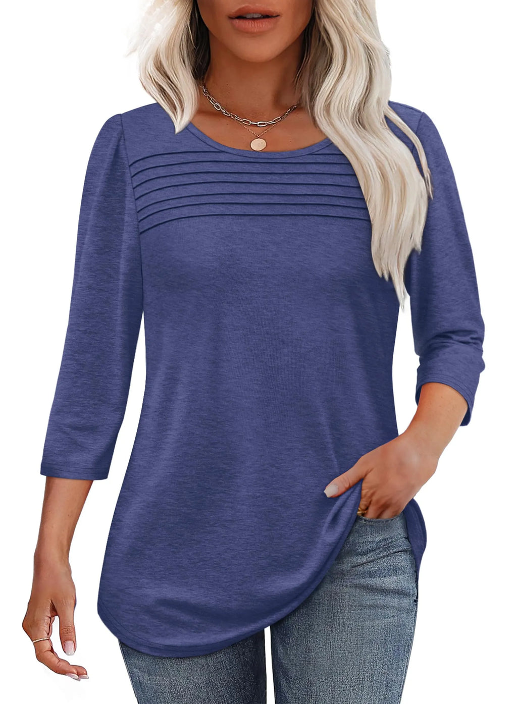 Lena™ | Women's Crew Neck 3/4 Sleeve Pleated Chest Top