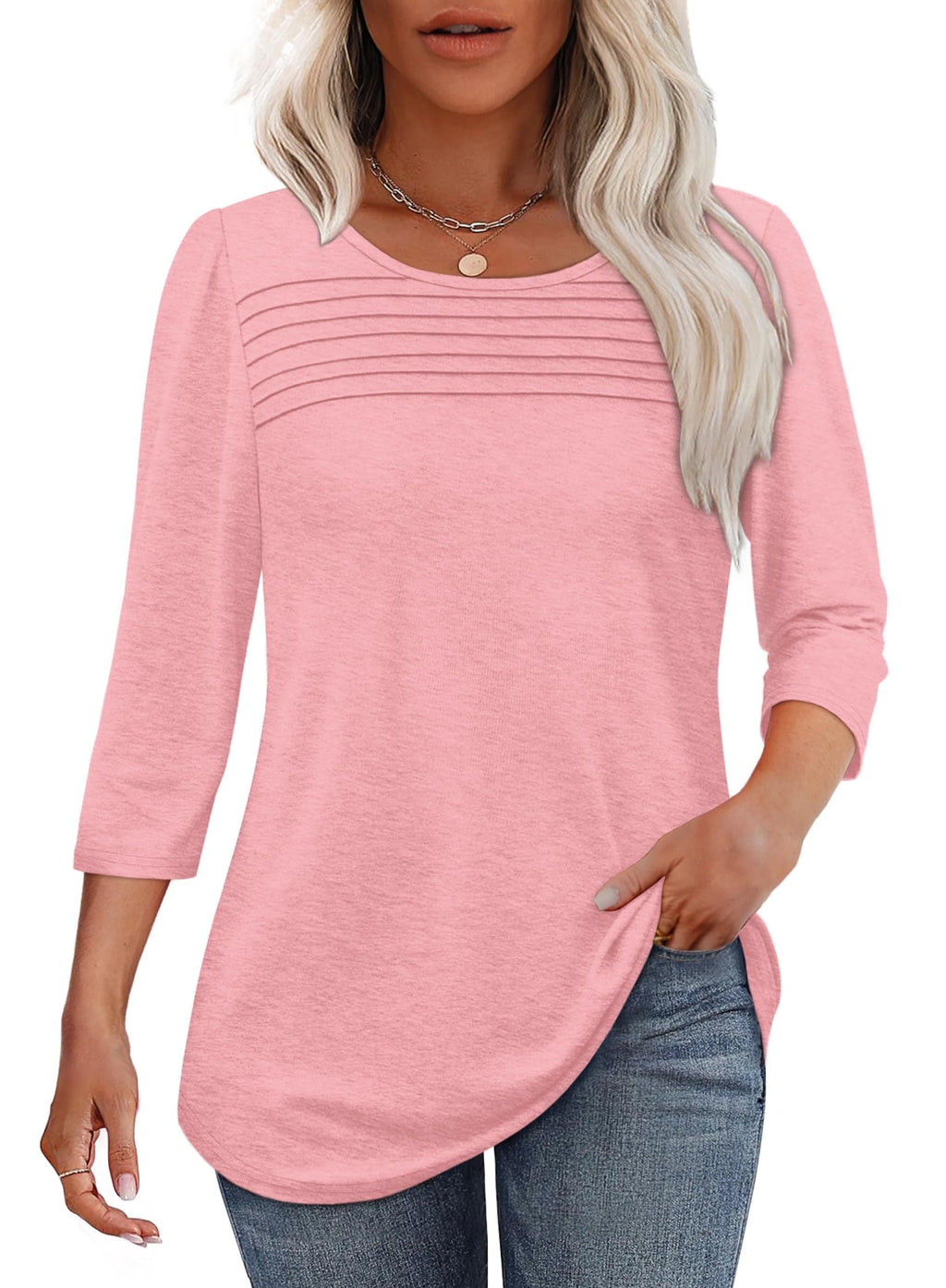 Lena™ | Women's Crew Neck 3/4 Sleeve Pleated Chest Top