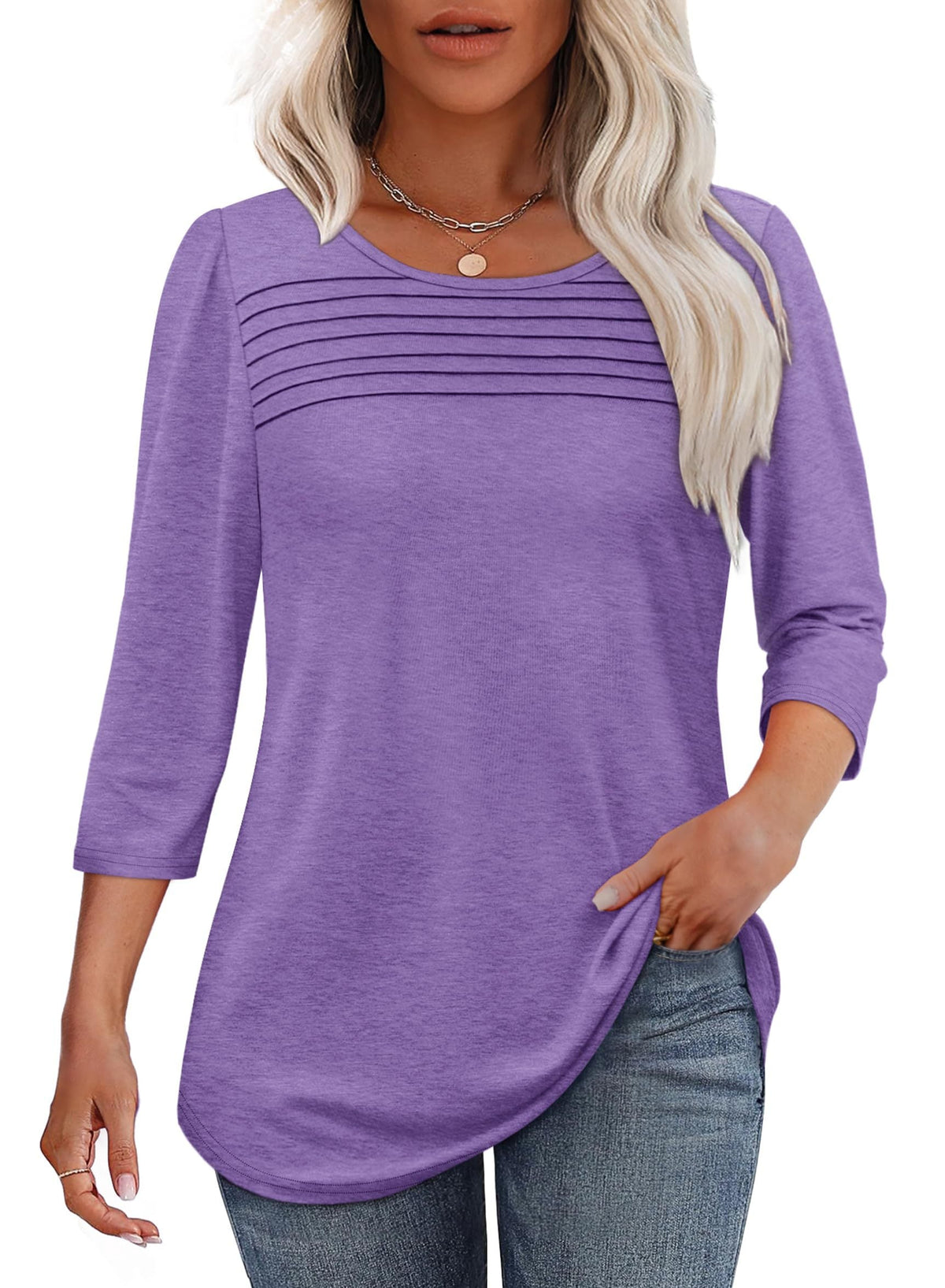 Lena™ | Women's Crew Neck 3/4 Sleeve Pleated Chest Top