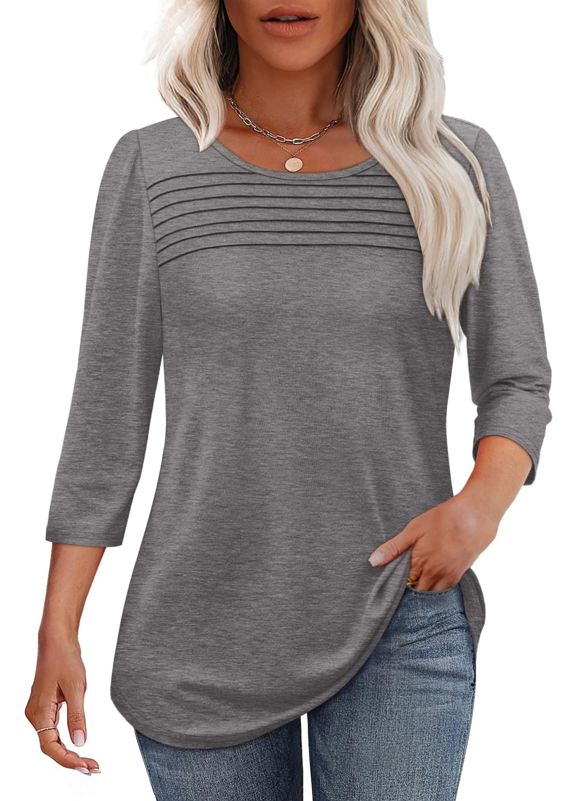 Lena™ | Women's Crew Neck 3/4 Sleeve Pleated Chest Top