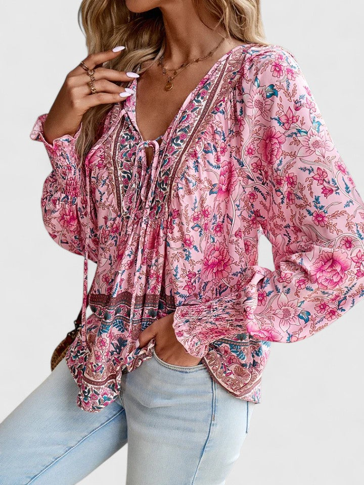 Sienna™ | Women's Floral Boho Blouse V-Neck Puff Sleeve Top