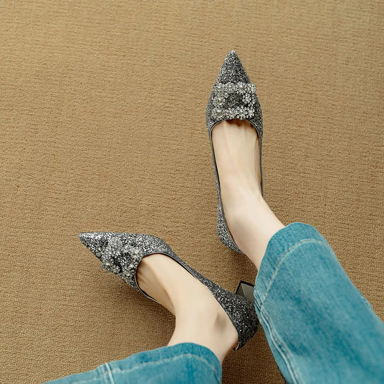 Stella™ | Women's Glitter Block Heel Pumps Pointed Toe Crystal Buckle