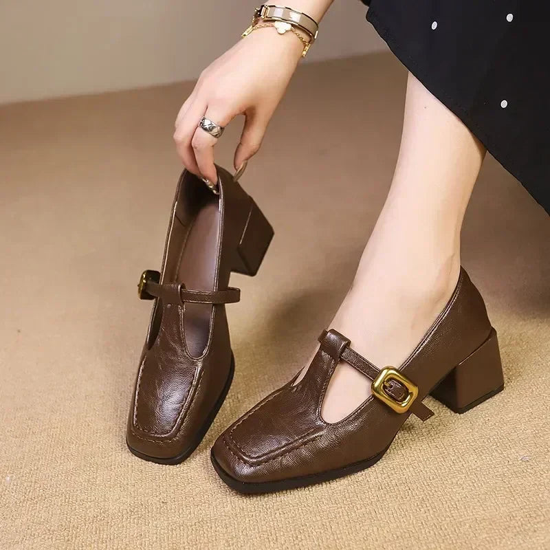 Odette™ | Women's Square Toe Mary Jane Heels Block Heel Gold Buckle