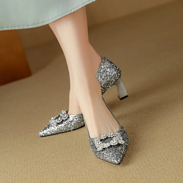 Stella™ | Women's Glitter Block Heel Pumps Pointed Toe Crystal Buckle