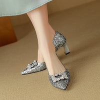 Stella™ | Women's Glitter Block Heel Pumps Pointed Toe Crystal Buckle