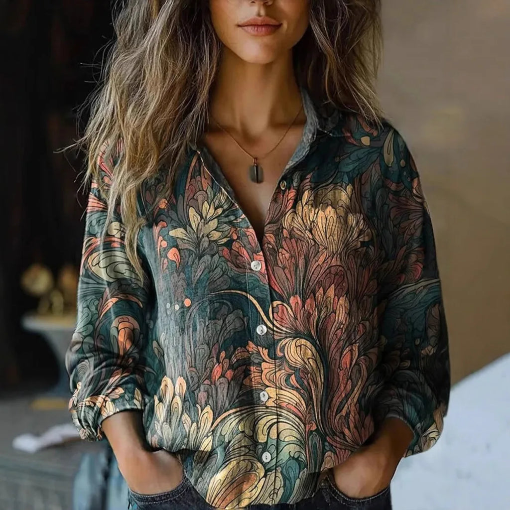 Autumn™ | Women's Vintage Floral Print Long Sleeve Button-Down Shirt