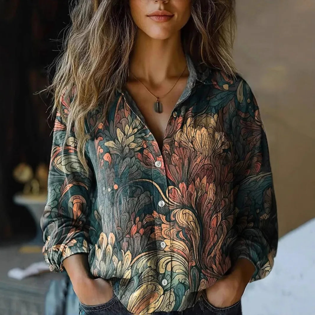 Autumn™ | Women's Vintage Floral Print Long Sleeve Button-Down Shirt