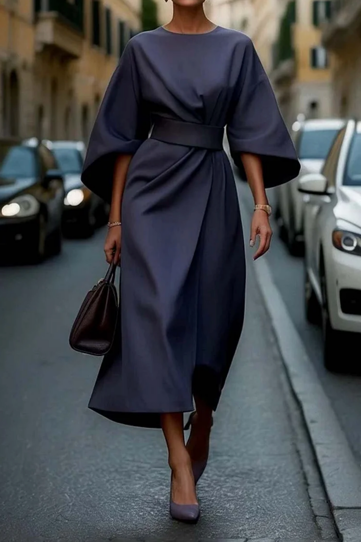 Barbara™ | Elegant Dress with Lantern Sleeves and Belt