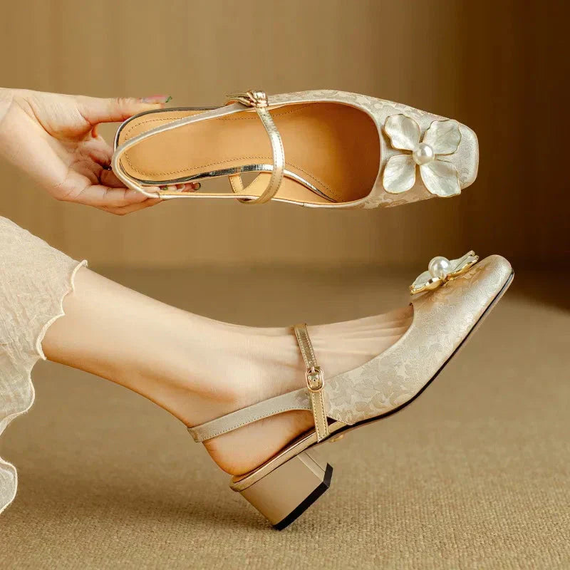 Isabeau™ | Women's Floral Mary Jane Pumps Block Heel Jacquard Strap