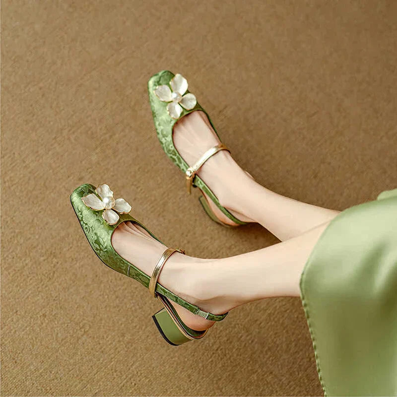 Florine™ | Women's Floral Slingback Pumps Square Toe Block Heel Shoes