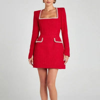 Cécile™ | Chic Tweed Mini Dress for Parties – Long Sleeve Square Neck Style