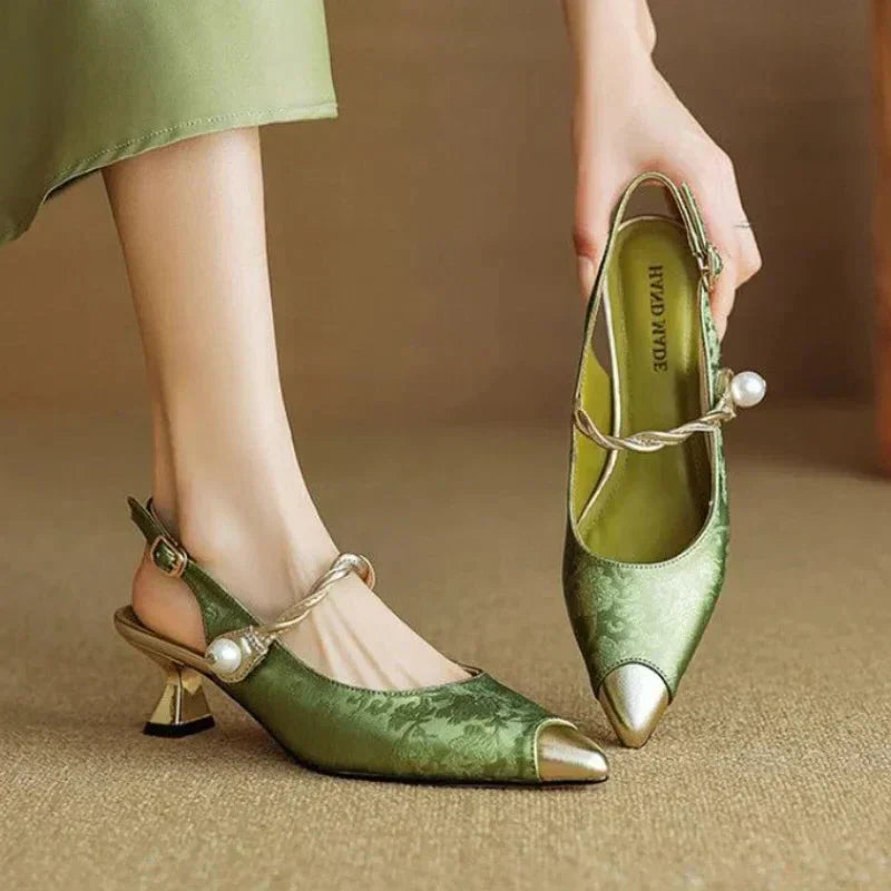 Fleur™ | Women's Pearl Strap Slingback Kitten Heels Pointed Toe Pumps