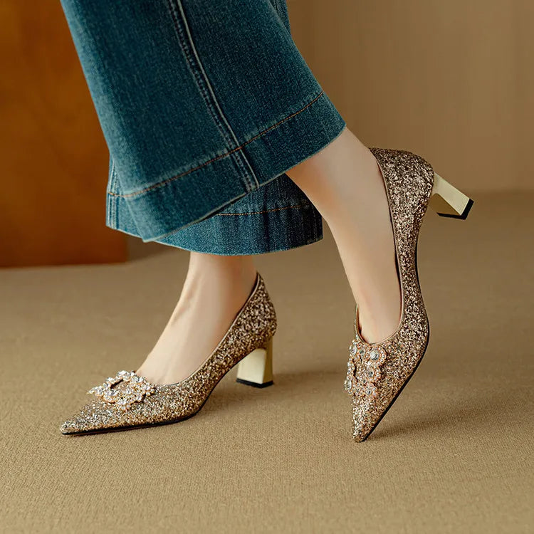 Stella™ | Women's Glitter Block Heel Pumps Pointed Toe Crystal Buckle