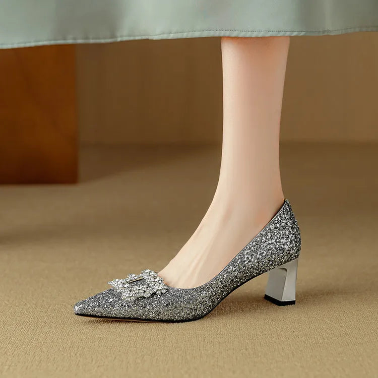 Stella™ | Women's Glitter Block Heel Pumps Pointed Toe Crystal Buckle