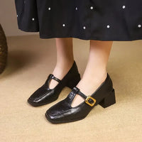 Odette™ | Women's Square Toe Mary Jane Heels Block Heel Gold Buckle