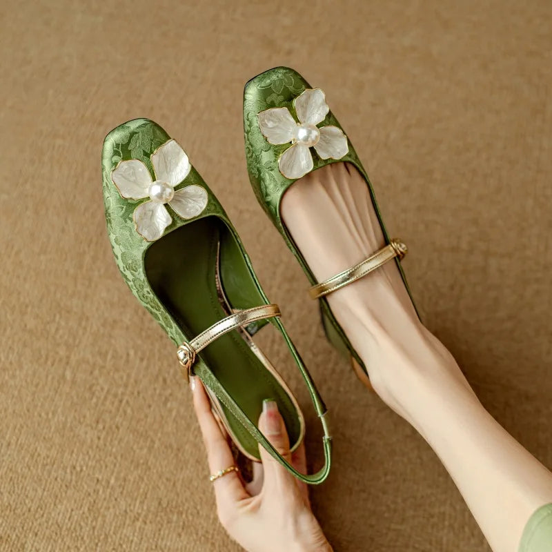 Isabeau™ | Women's Floral Mary Jane Pumps Block Heel Jacquard Strap