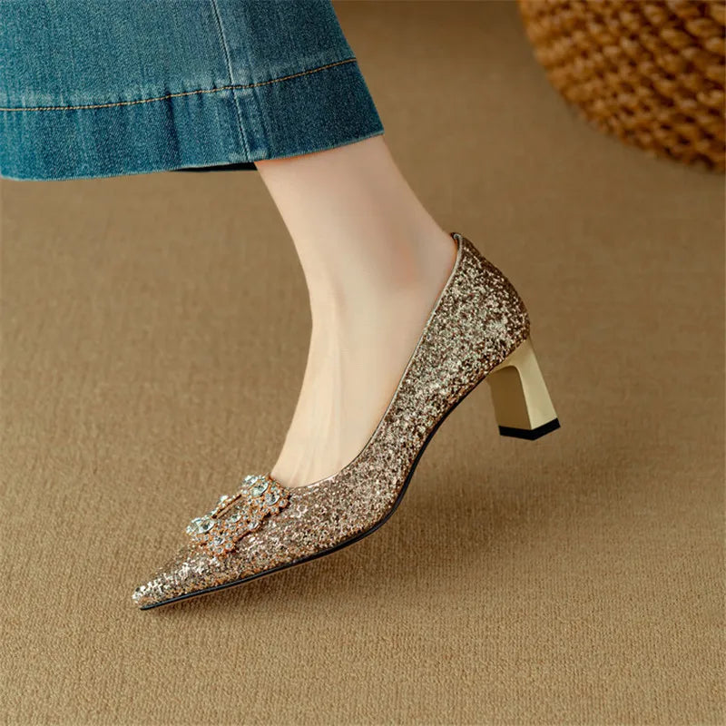 Stella™ | Women's Glitter Block Heel Pumps Pointed Toe Crystal Buckle