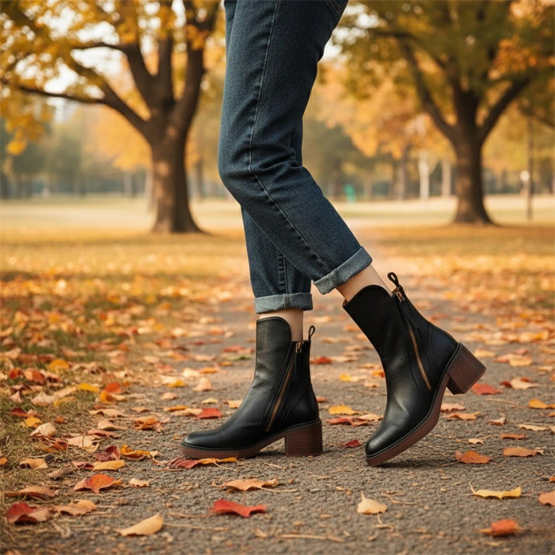 Matilda™ | Zip Front Block Heel Ankle Boots