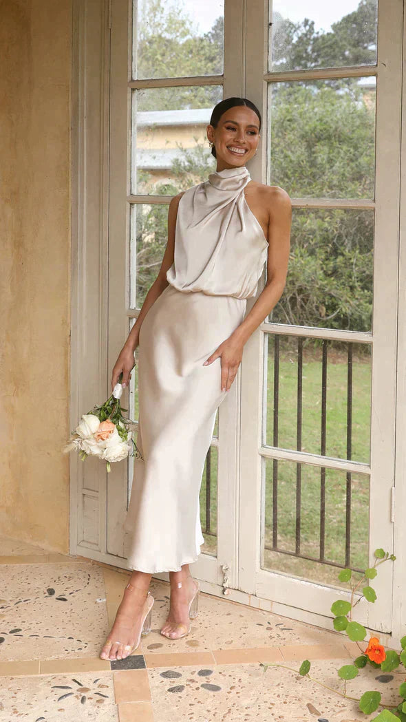 Nina™ | Chic Halter Midi Dress – Flowing Silhouette for Any Occasion