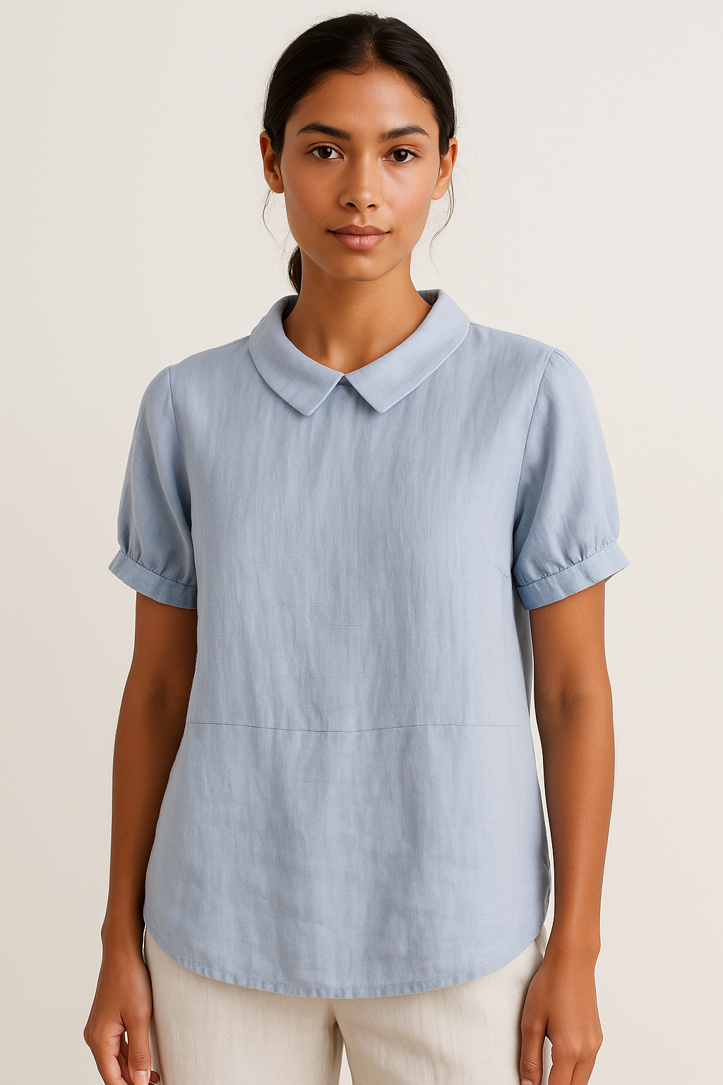Style200™ | Women’s Linen Short Sleeve Blouse with Peter Pan Collar for Everyday Wear