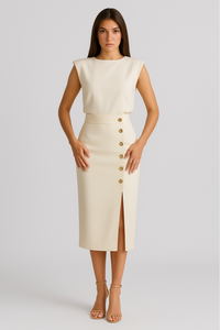 Tara™ | Chic White Midi Dress with Button Accents and Side Slit