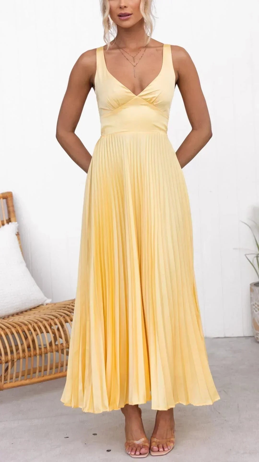 Mia™ | Yellow V-Neck Pleated Maxi Dress for Special Occasions