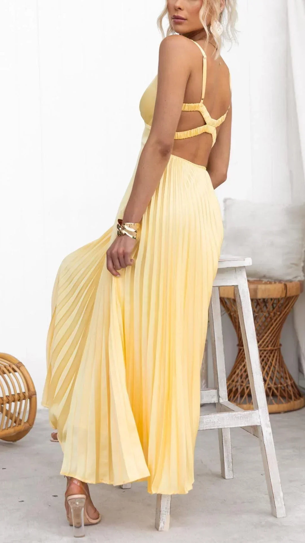 Mia™ | Yellow V-Neck Pleated Maxi Dress for Special Occasions
