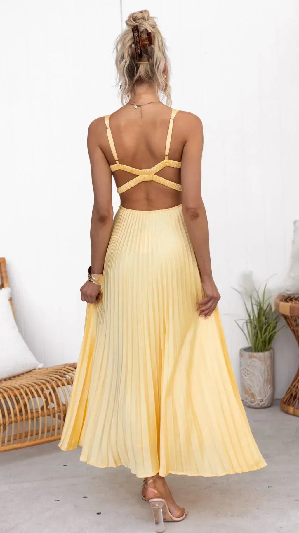 Mia™ | Yellow V-Neck Pleated Maxi Dress for Special Occasions