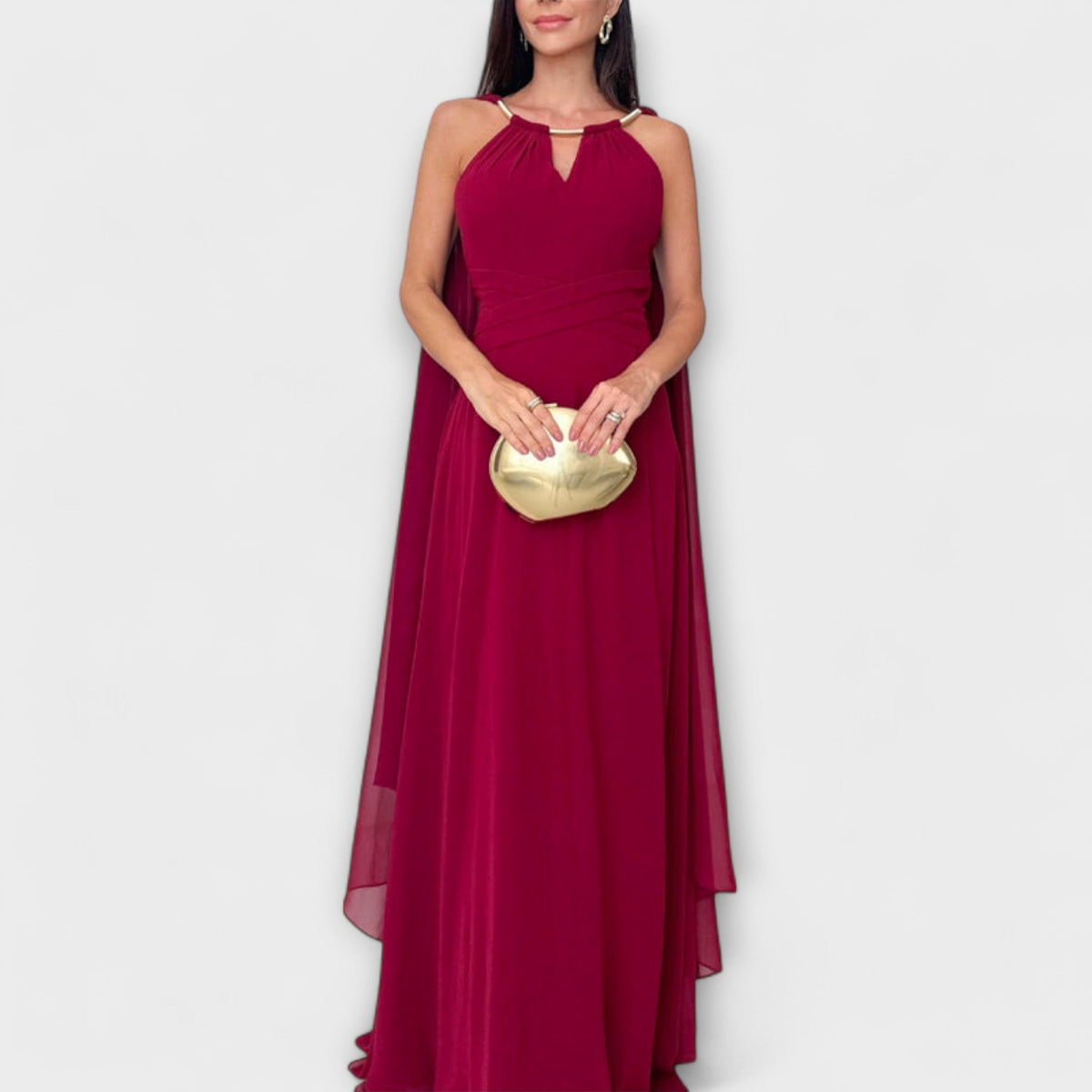 Style200™ | Chic Maxi Dress with Cape Sleeves & High Slit