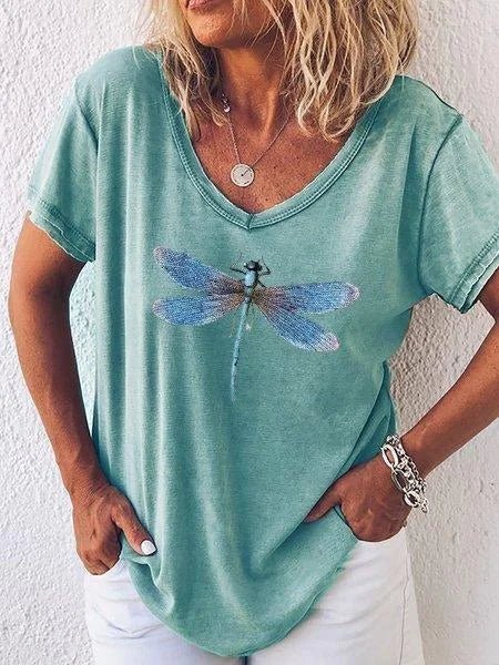 Luna™ | Women's Dragonfly Print V-Neck Short Sleeve Casual Tee