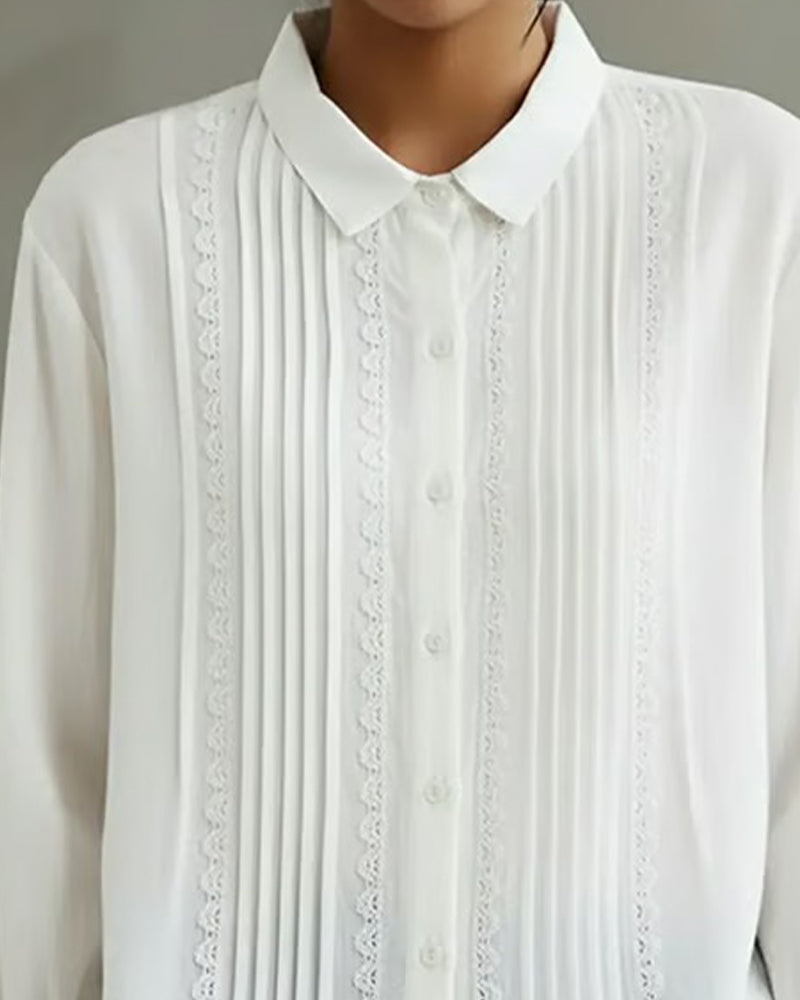 Claire™ | Women's Lace Trim Button-Up Long Sleeve Blouse