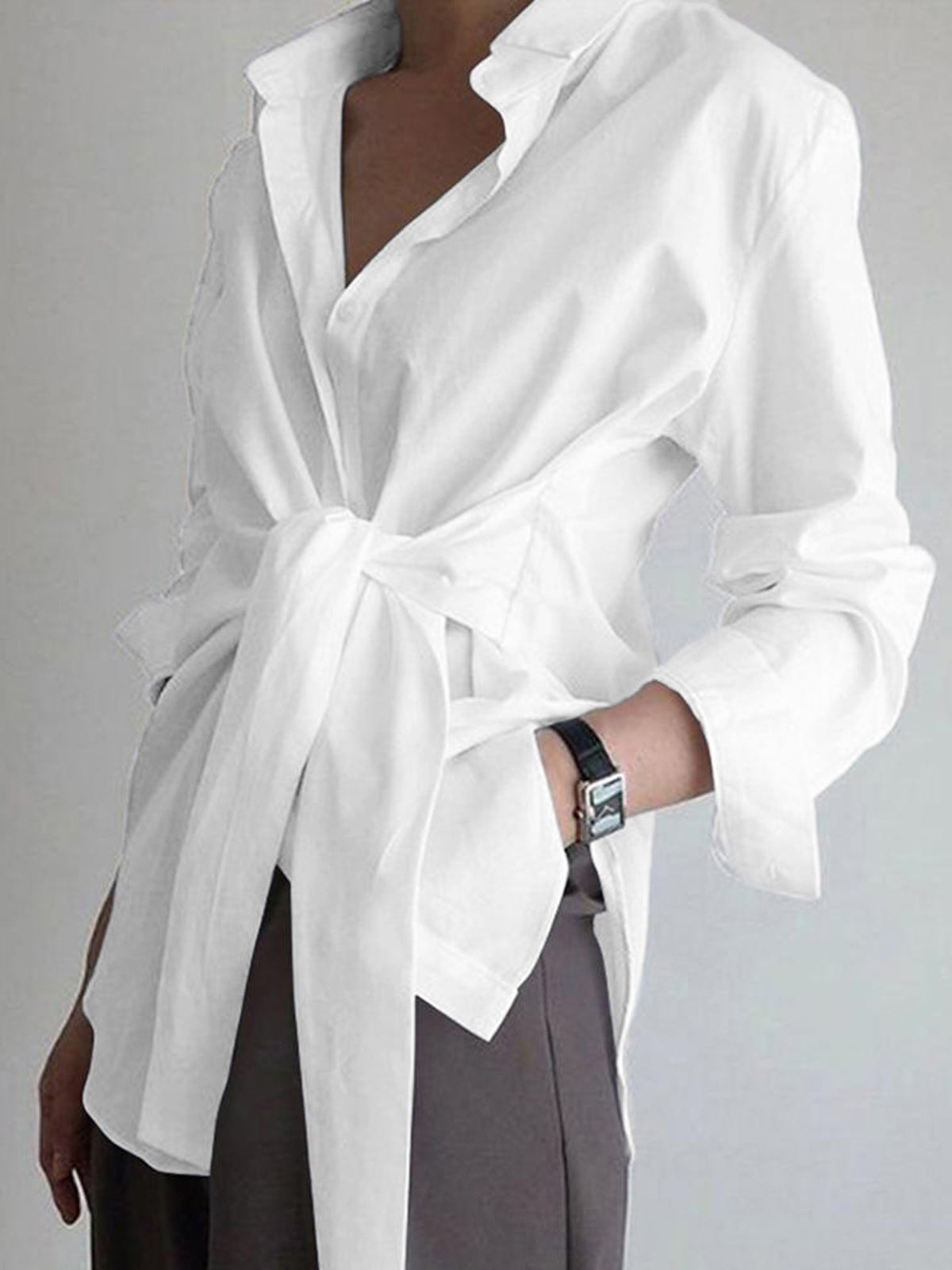 Monroe™ | Women's Tie Waist Button Down Long Sleeve Shirt Blouse