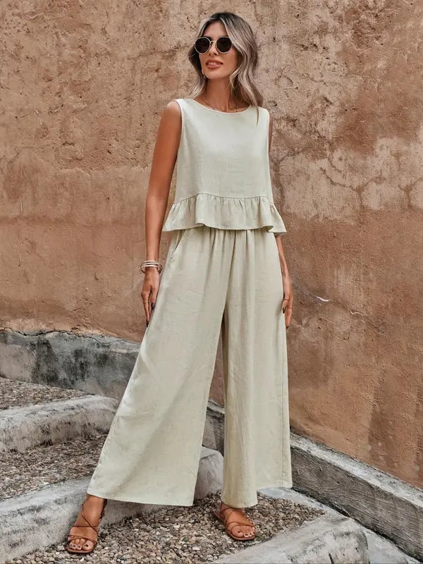 Sage™ | Women's Sleeveless Ruffle Top & Wide Leg Pants Set