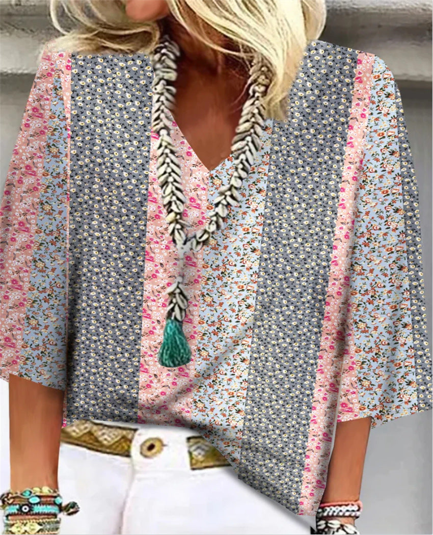 Mosaic™ | Women's Ditsy Floral Patchwork V-Neck 3/4 Sleeve Top