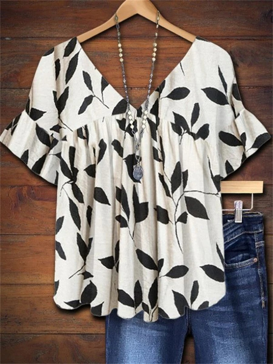 Willow™ | Women's Leaf Print V-Neck Ruffle Short Sleeve Blouse